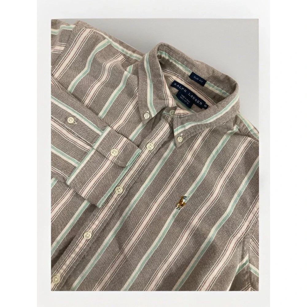 Ralph Lauren Boys 10 Slim Oxford Shirt Brown Stripe Pony Logo Button Up Cotton